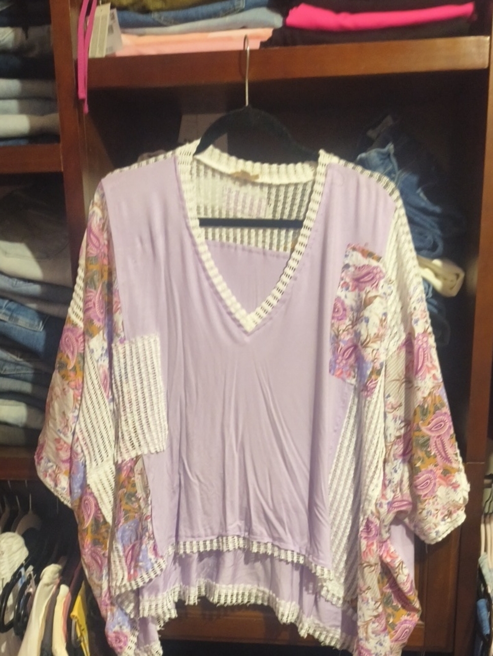 POL Lavender and White Open-Weave Knit Top